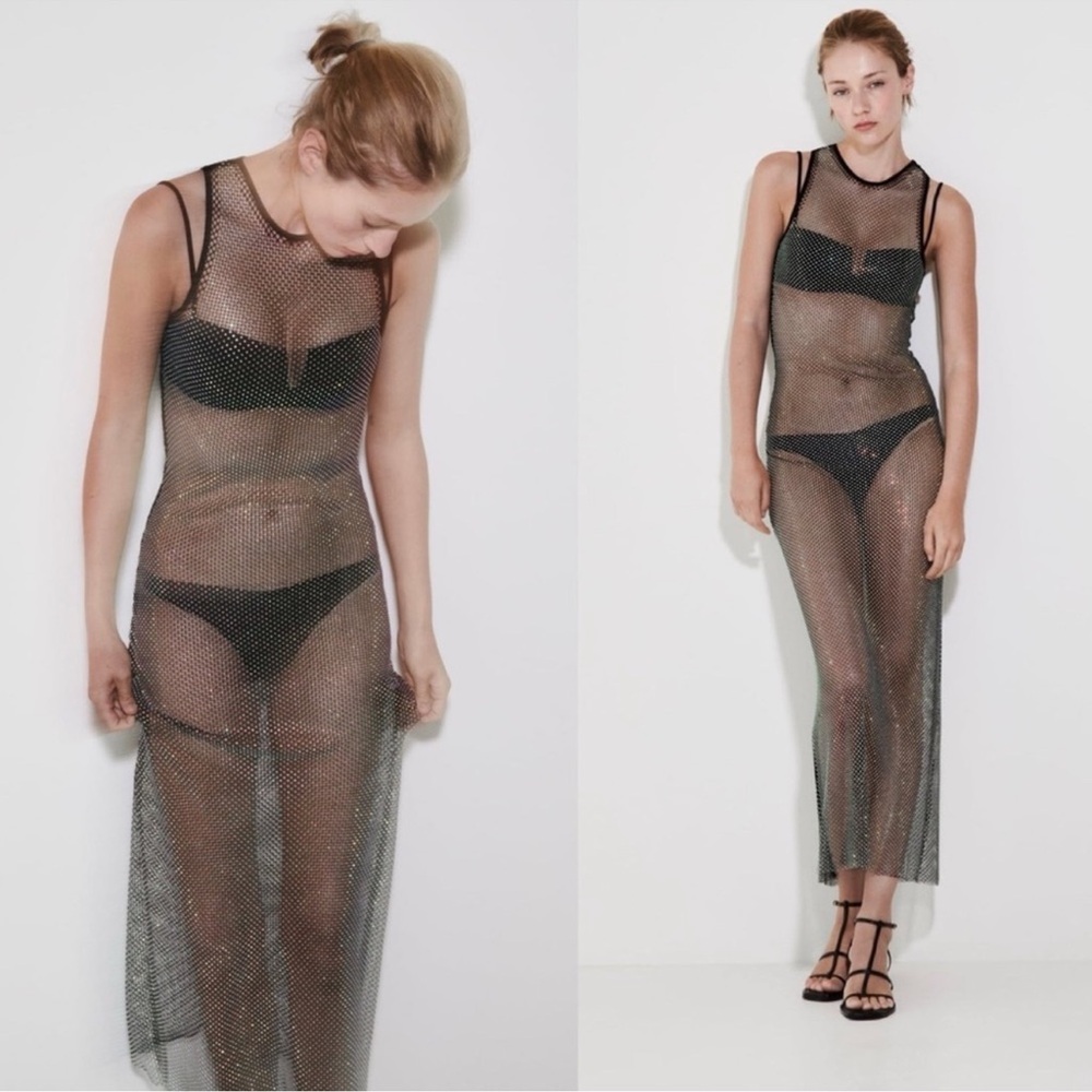 Zara Black Sheer Rhinestone sparkling Mesh dress bloggers fav